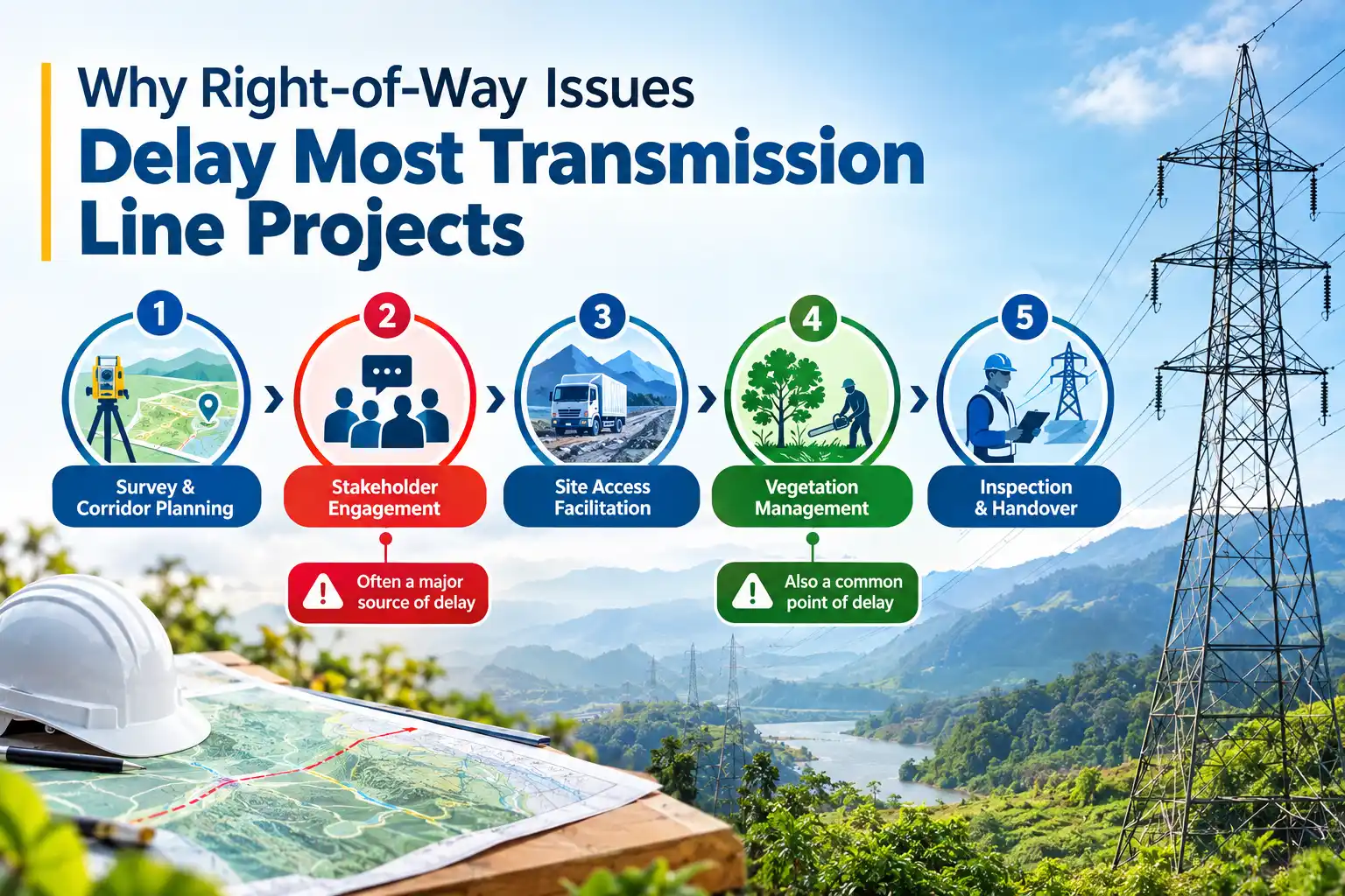 Right-of-way problems quietly kill more transmission schedules than bad weather. Here’s where RoW issues usually start, and how they get resolved on site